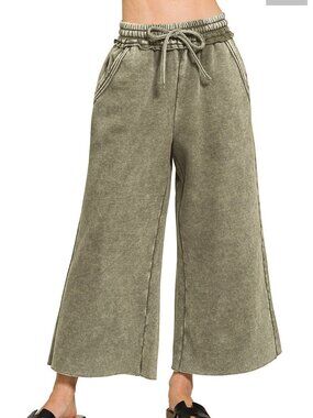 NTW Ladies Dark Olive Acid Wash Fleece Palazzo Drawstring Waist Sweatpants